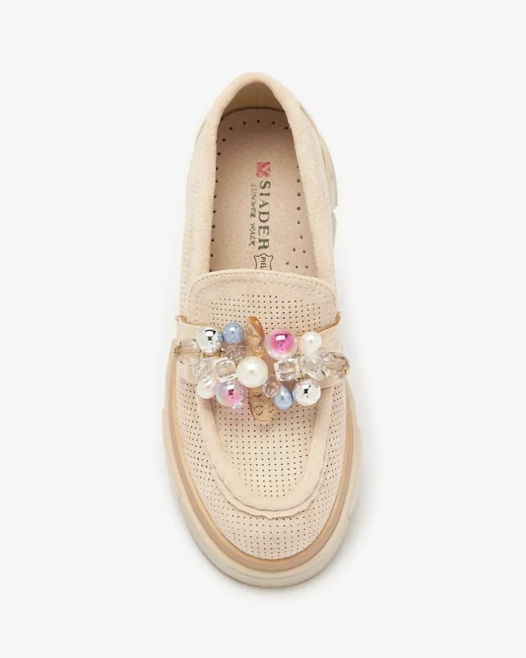 Royalfashion Ażurowe beżowe mokasyny damskie Peloga