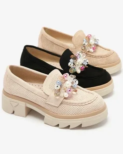 Royalfashion Ażurowe beżowe mokasyny damskie Peloga