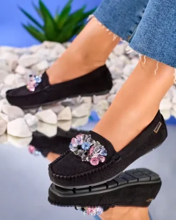 Royalfashion Ażurowe czarne mokasyny damskie z ozdobnymi kryształkami Cizzas