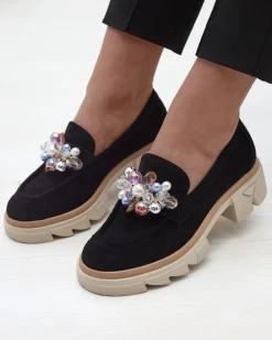 Royalfashion Ażurowe czarne mokasyny damskie Peloga