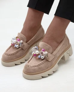 Royalfashion Ażurowe jasnobrązowe mokasyny damskie Peloga