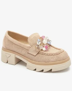 Royalfashion Ażurowe jasnobrązowe mokasyny damskie Peloga