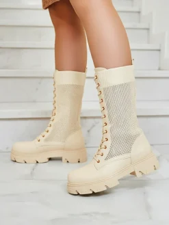 Royalfashion Ażurowe kremowe damskie botki sznurowane Buhomias