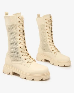 Royalfashion Ażurowe kremowe damskie botki sznurowane Buhomias