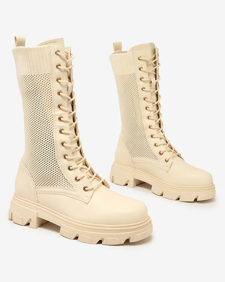 Royalfashion Ażurowe kremowe damskie botki sznurowane Buhomias