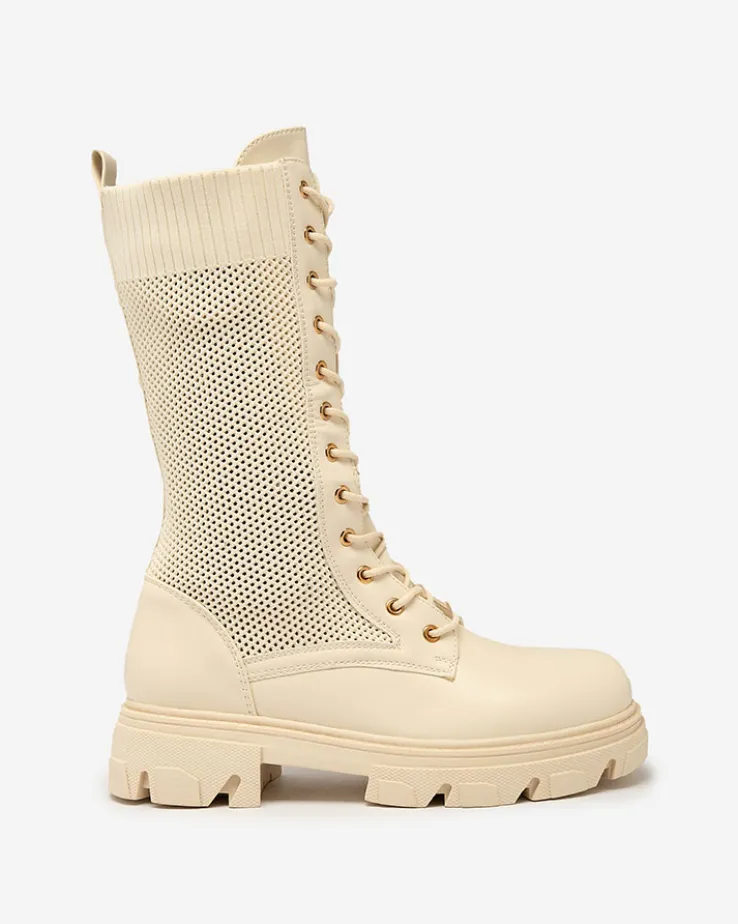 Royalfashion Ażurowe kremowe damskie botki sznurowane Buhomias