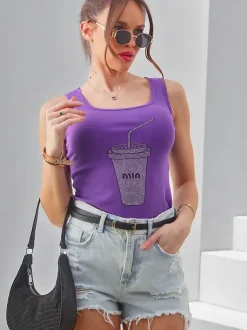 Royalfashion Bawełniana bluzka damska na ramiączkach z kubeczkiem z cyrkonii