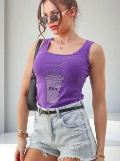 Royalfashion Bawełniana bluzka damska na ramiączkach z kubeczkiem z cyrkonii