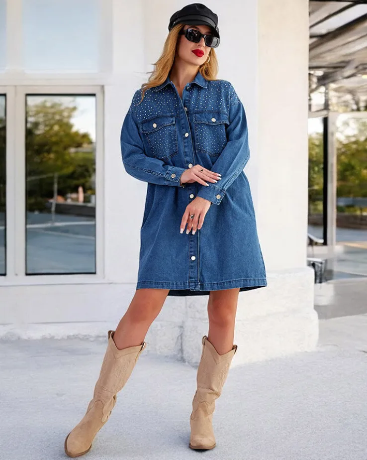 Royalfashion Bawełniana damska sukienka mini a'la jeansowa