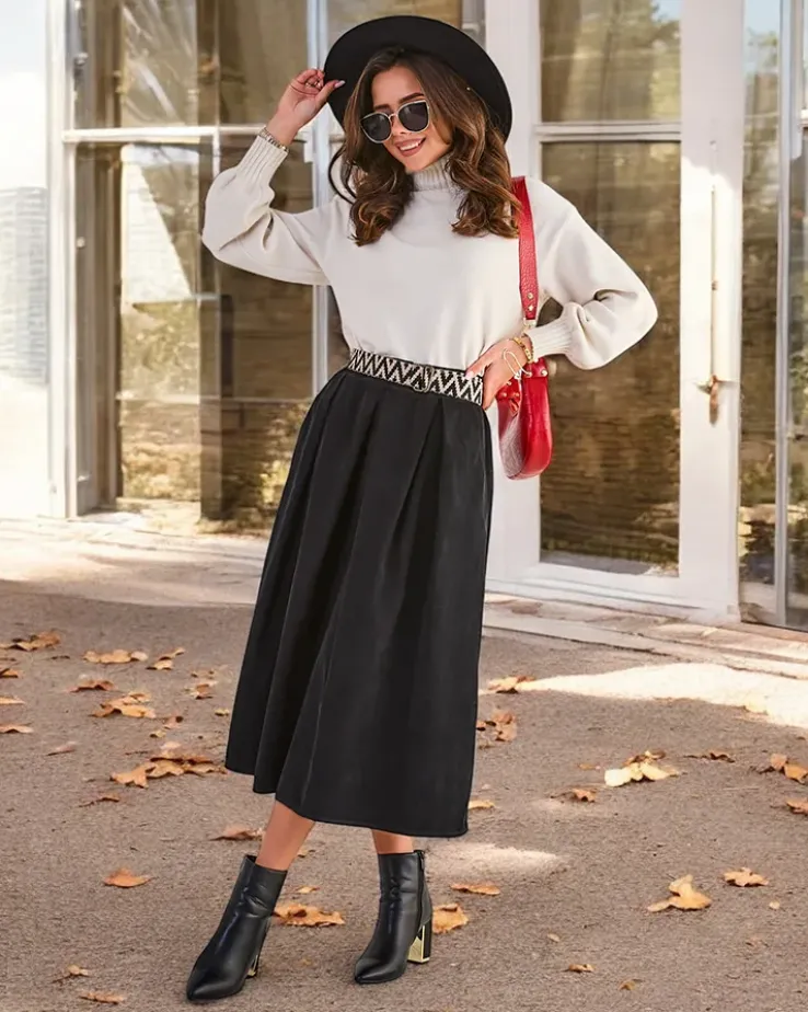 Royalfashion Bawełniana damska spódnica midi a'la sztruksowa