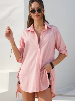 Royalfashion Bawełniana dłuższa damska koszula w paski z wiązaniem w talii