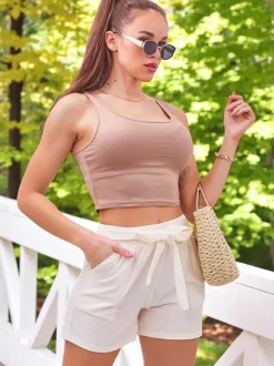 Royalfashion Bawełniane krótkie spodenki damskie z gumką i troczkami w pasie