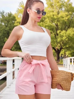 Royalfashion Bawełniane krótkie spodenki damskie z gumką i troczkami w pasie