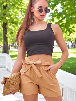 Royalfashion Bawełniane krótkie spodenki damskie z gumką i troczkami w pasie