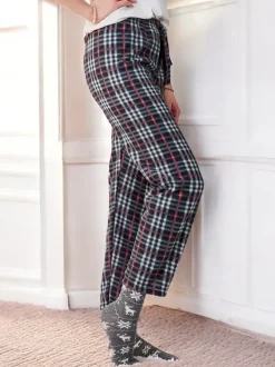 Royalfashion Bawełniane świąteczne spodnie damskie od piżamy w kratę