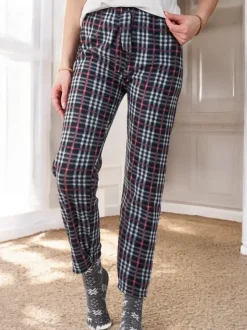 Royalfashion Bawełniane świąteczne spodnie damskie od piżamy w kratę