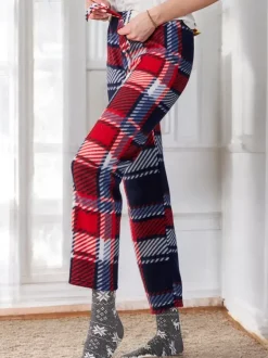 Royalfashion Bawełniane świąteczne spodnie damskie od piżamy w kratę
