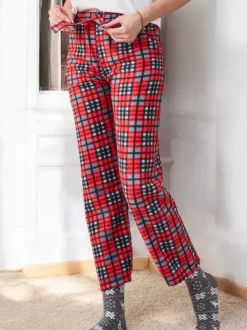 Royalfashion Bawełniane świąteczne spodnie damskie od piżamy w kratę