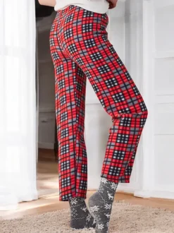 Royalfashion Bawełniane świąteczne spodnie damskie od piżamy w kratę