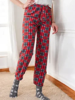 Royalfashion Bawełniane świąteczne spodnie damskie od piżamy w kratę