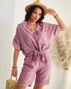 Royalfashion Bawełniano- lniany damski koszulowy komplet