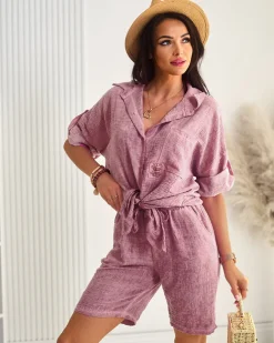 Royalfashion Bawełniano- lniany damski koszulowy komplet