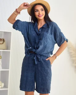 Royalfashion Bawełniano- lniany damski koszulowy komplet