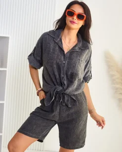 Royalfashion Bawełniano- lniany damski koszulowy komplet