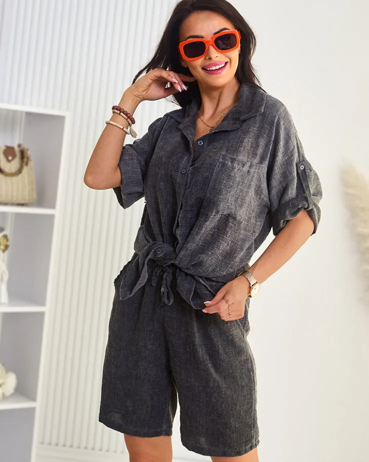 Royalfashion Bawełniano- lniany damski koszulowy komplet