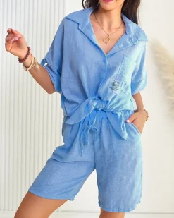 Royalfashion Bawełniano- lniany damski koszulowy komplet