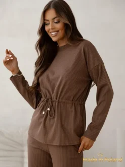 Royalfashion Bawełniany Damski komplet a'la sweterkowy prążkowany