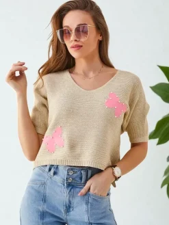 Royalfashion Bawełniany damski krótki sweter w motylki