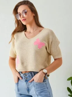 Royalfashion Bawełniany damski krótki sweter w motylki