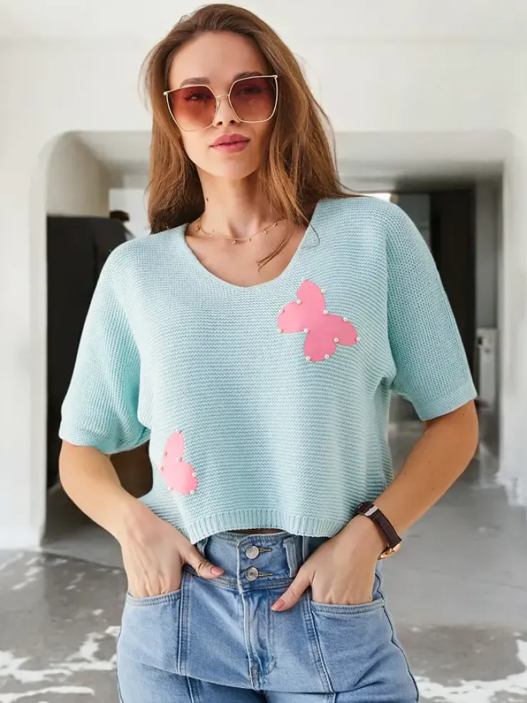 Royalfashion Bawełniany damski krótki sweter w motylki