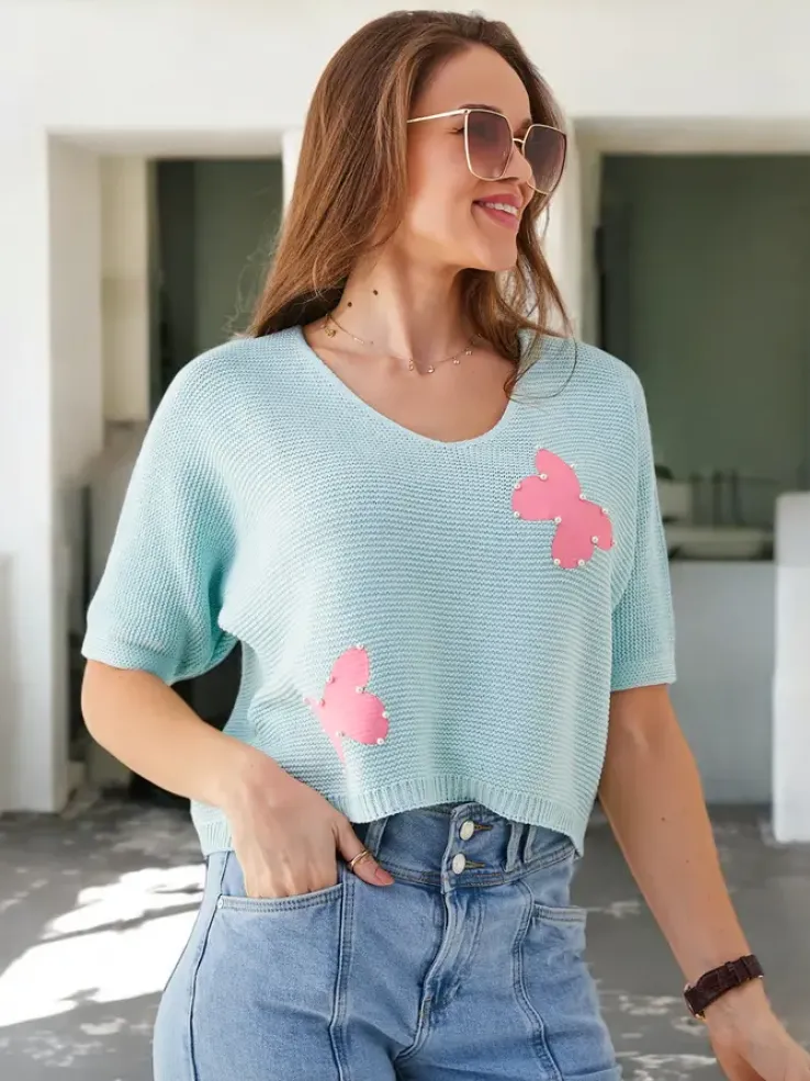 Royalfashion Bawełniany damski krótki sweter w motylki