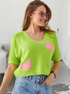 Royalfashion Bawełniany damski krótki sweter w motylki