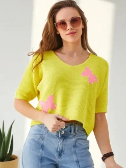 Royalfashion Bawełniany damski krótki sweter w motylki