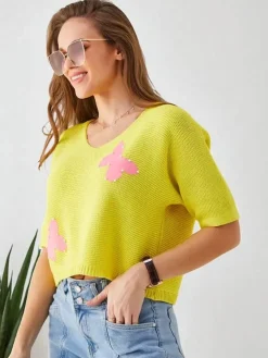 Royalfashion Bawełniany damski krótki sweter w motylki