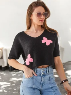 Royalfashion Bawełniany damski krótki sweter w motylki