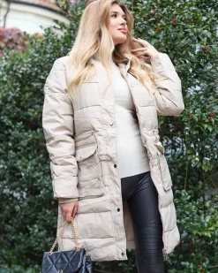 Royalfashion Beżowa damska długa kurtka zimowa z syntetycznym ociepleniem