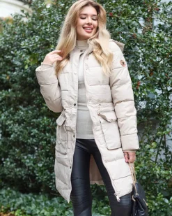 Royalfashion Beżowa damska długa kurtka zimowa z syntetycznym ociepleniem