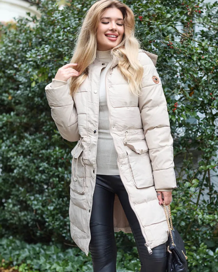 Royalfashion Beżowa damska długa kurtka zimowa z syntetycznym ociepleniem