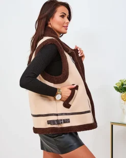 Royalfashion Beżowa kamizelka damska z kożuszkiem