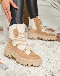 Royalfashion Beżowe botki damskie typu trapery z kożuszkiem Getatsa