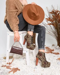 Royalfashion Beżowe botki damskie na wysokim słupku w panterkę Seficone