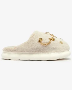 Royalfashion Beżowe damskie futrzane kapcie z ozdobami Erserra