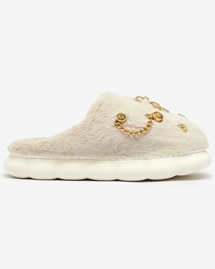 Royalfashion Beżowe damskie futrzane kapcie z ozdobami Erserra