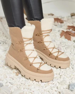 Royalfashion Beżowe damskie ocieplane botki typu trapery z kożuszkiem Lery Walk