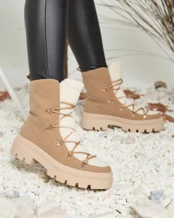 Royalfashion Beżowe damskie ocieplane botki typu trapery z kożuszkiem Lery Walk