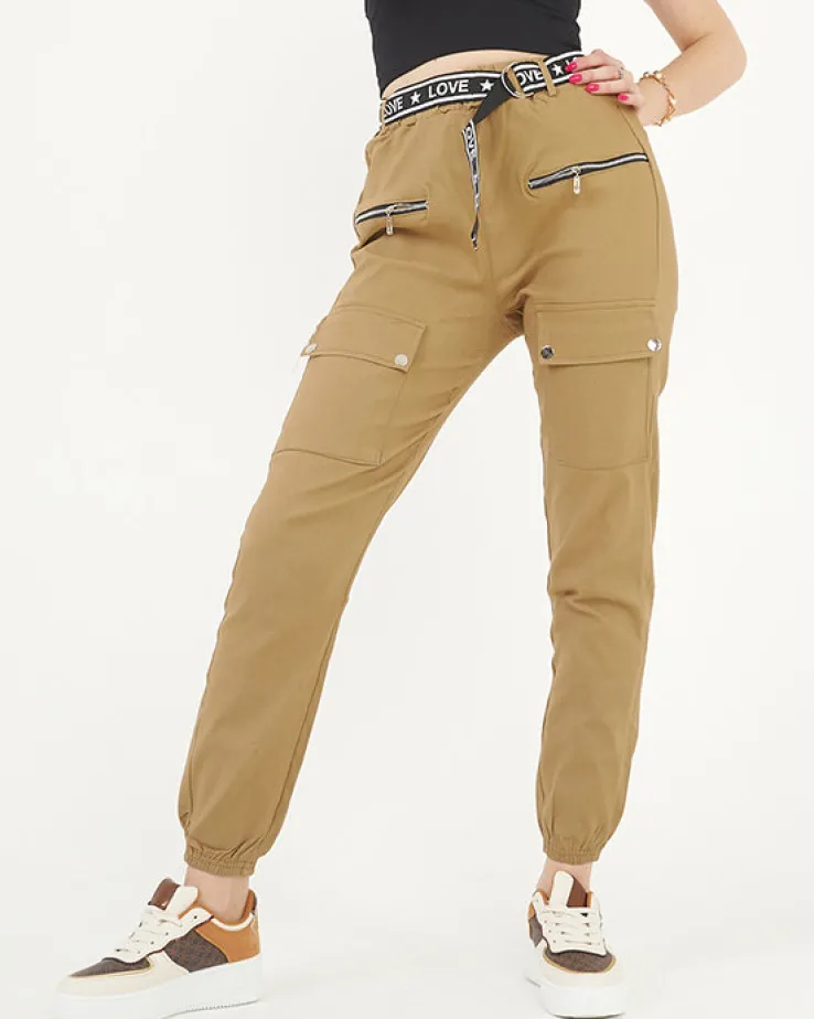 Royalfashion Beżowe damskie spodnie typu bojówki z kieszeniami